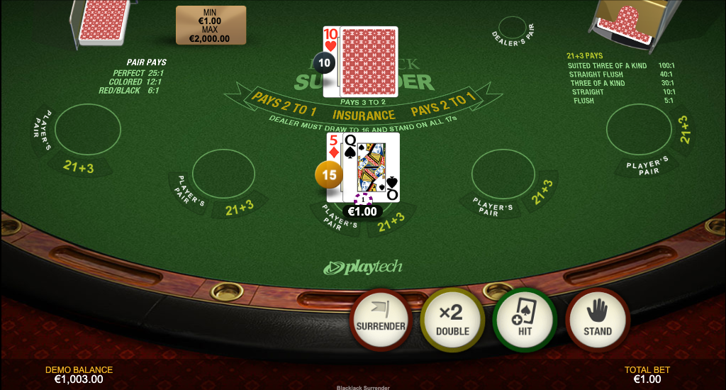 Screenshot of Blackjack Surrender showing dealer 10 against hard 15